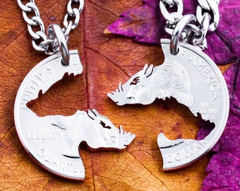 Hogs Necklaces, Animal Jewelry, Best Friends or Couples Interlocking Set, Boar Hunting, Hog Theme, Cut Coin