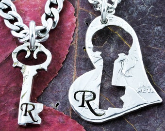 Key to My Heart Initial Necklaces, Couples His and Her Jewelry, Inside and Outside Pieces, Hand Cut Coin
