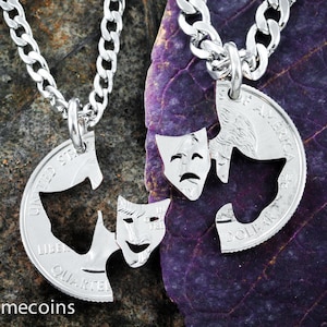 Comedy and Tragedy Theater Necklaces, Thespian Best Friends, BFF Gifts, Hand Cut Coin