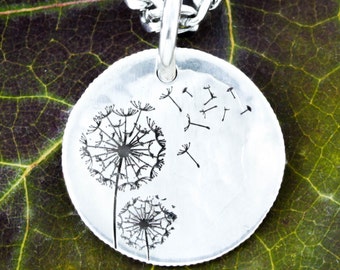 Silver Dandelion Necklace Blowing in the Wind, Engraved Hammered Silver Dime