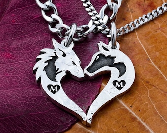 Hand Cut Fox and Wolf Couples Necklaces: Custom Initial Heart Pendants