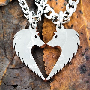 Wolf Necklaces for Couples, Wolves Making Heart, Relationship Jewelry, BFF and Couples Gifts, Half Dollar, Hand Cut Coin
