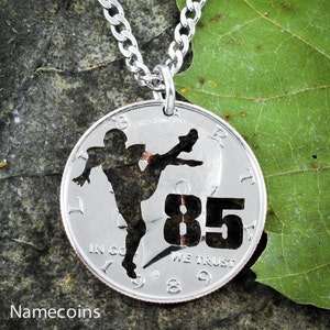 Football Kicker Player Necklace with Jersey Number, Custom Sports Jewelry, Hand Cut Coin image 1