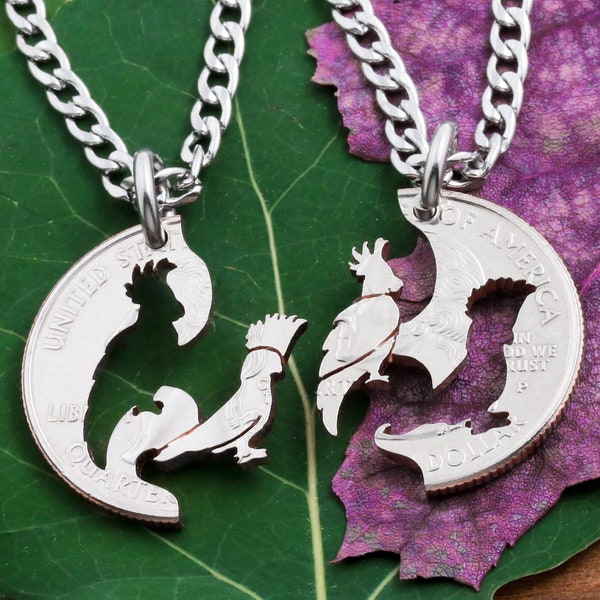 Cockatoos Couples Necklace Set, Bird Jewelry, Pretty Parrots, Relationship BFF Gift, Interlocking Hand Cut Coin