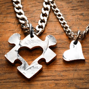 Heart Puzzle Couples Necklaces, Heart Cut from Puzzle Piece, Hand Cut Coin