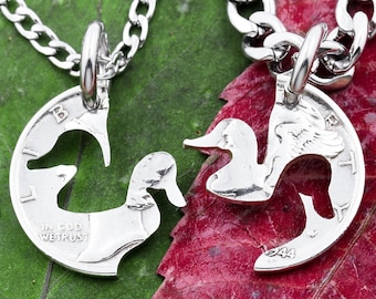 Interlocking Duck Necklaces, Couples Relationship Sets, His and Hers Hunting Jewelry, Hand Cut Coin