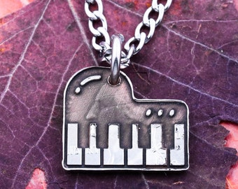 Engraved Grand Piano, Musician Necklace, Musical Instrument Jewelry, Mini Piano Pendant, Hand Cut Coin