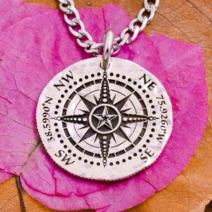 Silver Star Compass Necklace With Custom Engraved GPS Coordinates, Nautical Jewelry, Hammered Silver Coin