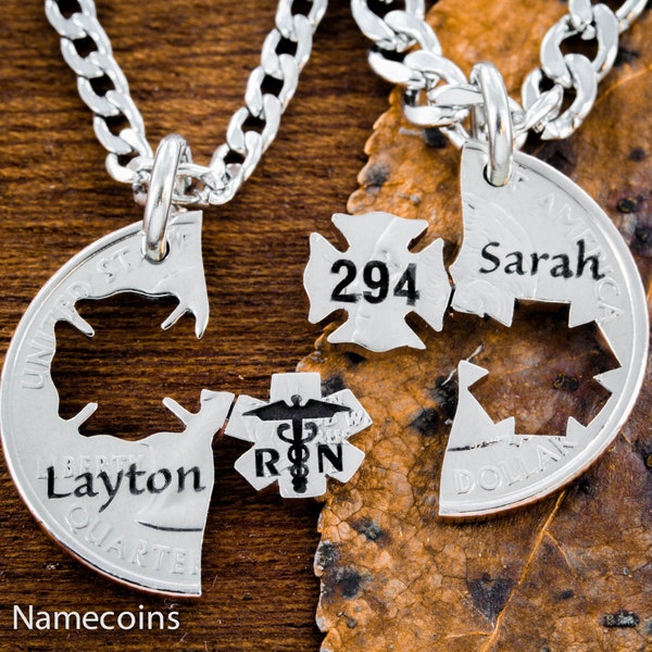 Firefighter and RN Nurse, Couples Necklaces, Custom Names and Numbers, Fire and Medical, Hand Cut Coin