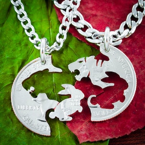 Tiger and Bunny Necklace Set, Couples Jewelry or Best Friends Gifts, Interlocking Hand Cut Coin