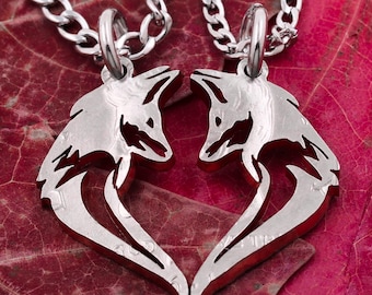 Heart Shaped Arctic Fox Necklaces, Couples Set, Tribal Jewelry, Hand Cut Coin