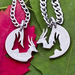 Interlocking Gazelle Necklace, Couples Necklaces, BFF Relationship Set, Animal Jewelry, Hand Cut Coin