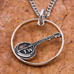 Banjo Necklace with Custom Engraved Initials, Musical Instrument Jewelry, Musician Gifts, Hand Cut Coin