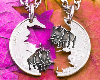 Rhinoceros Necklaces, BFF or Couples Gifts, Friendship Jewelry, Engraved Endangered Animal Jewelry, Horn Tusks, Safari, Hand Cut Coin