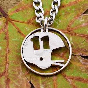 Football Necklace, Helmet with Custom Jersey Numbers, Sports Gift For Boys, Hand Cut Coin