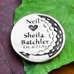 Anniversary Golf Ball Marker, Custom Names, Date and Heart Engraved, Golf Divot, Wedding Gift, Etched Quarter