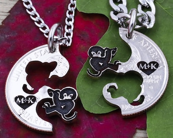 Interlocking Monkey Necklaces, Engraved Hearts with Custom Initials, BFF or Couples Necklaces, Animal Relationship Jewelry, Hand Cut Coin