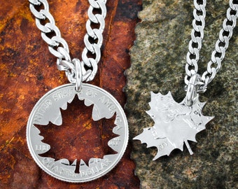 Leaf BFF Necklaces, Couples or Best Friends Gift, Maple Leaves, Inside and Outside Pieces, Hand Cut Coin
