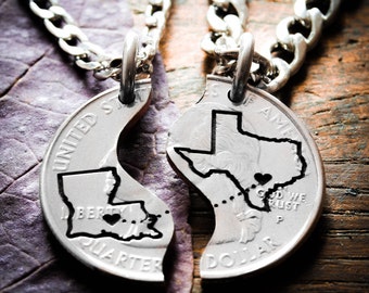 Long Distance Relationship Couples Necklaces, Custom States Engraved, Heart on Your Cities, Coin and Silver Jewelry