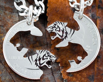 Tiger Best Friend Necklace Set, Bff Gifts, Necklaces for 2, Interlocking Tigers Hand Cut and Engraved on a US Coin