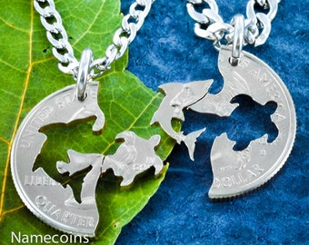 Shark and Turtle BFF Necklace, Friendship Set, Best Friends Forever, Interlocking Hand Cut Coin