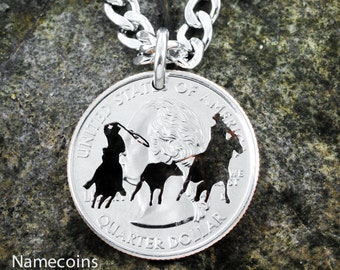 Team Roping Necklace, Calf Roper, Western Jewelry Hand Cut Coin, On Quarter