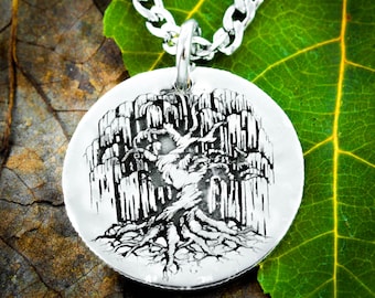 Silver Tree Necklace, Weeping Willow Pendant, Hammered and Engraved Silver Coin