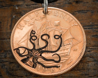 Kraken and Ship Coin Necklace, Octopus Pirate Jewelry, Engraved on Real Ship Coin