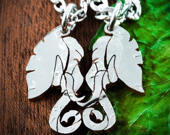 Elephant Couples Necklaces, His and Her Relationship Jewelry, Hand Cut Coin