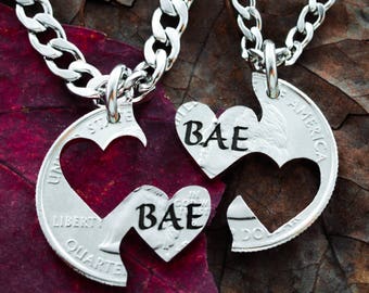 Bae Heart Couples Necklaces, Hand Cut Coin