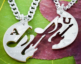 Hand Cut Coin Guitar & Music Note Couples Necklace: Custom Initial BFF Gift