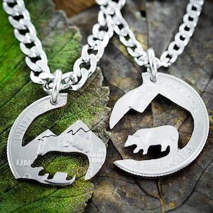 Bear and Mountain Necklaces for 2, Hiking Couples Necklaces, Best Friend Gifts, Interlocking Hand Cut Coin