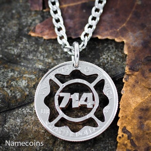Firefighter Necklace with Your Number in a Fire Fighter Symbol, Custom Hand Cut Coin
