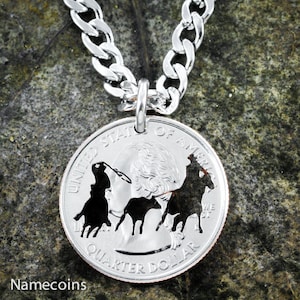 Team Roping Necklace, Calf Roper, Western Jewelry Hand Cut Coin, On Quarter image 1