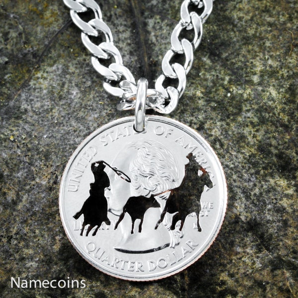 Team Roping Necklace, Calf Roper, Western Jewelry Hand Cut Coin, On Quarter