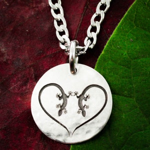 Lizard Heart Silver Necklace, Gecko Jewelry