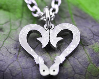 Fish Hook Heart Necklace, Love Fishing, Outdoor Jewelry, Hand Cut Coin