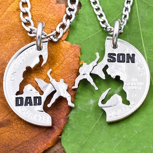 Dad and Son Hockey Necklaces, Hockey Players, Goalie Necklace, Ice Hockey Jewelry, Gifts for Him, Custom Engraving, Hand Cut Coin