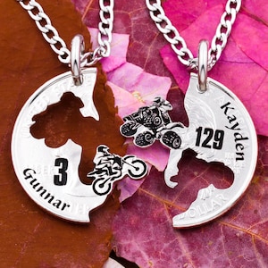 Colliers de vélo de saleté et de quad, noms gravés personnalisés et numéros de maillot, cadeaux de meilleurs amis de moto, bijoux de gars, pièce coupée à la main