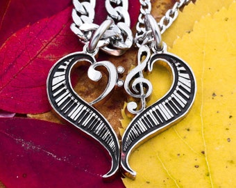 Heart-Shaped Engraved Piano Necklaces, Couples Bass Clef and Treble Notes, Musical Instruments, BFF Gifts, Musician Jewelry, Hand Cut Coin