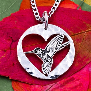 Hammered Silver Hummingbird Necklace, Engraved Bird, Wrapped in Love, Heart Symbol, Bird Lovers Jewelry, Hand Cut Coin