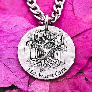 Silver Tree Necklace, Weeping Willow Pendant, Custom Name Engraved, Hammered and Engraved Silver Coin