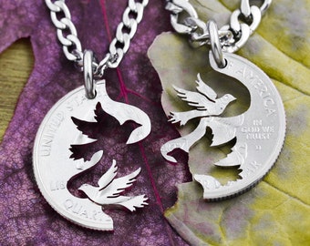 Love Birds Necklaces, Doves Pair for Life, Couples Gifts, Interlocking Relationship Jewelry, Hand Cut Coin