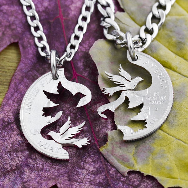Love Birds Necklaces, Doves Pair for Life, Couples Gifts, Interlocking Relationship Jewelry, Hand Cut Coin