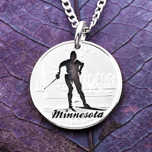 Skier Engraved on a Minnesota State Coin, Cross-Country Skis, Sports Jewelry, Ski Gift, Athlete, Engraved on State Side Coin