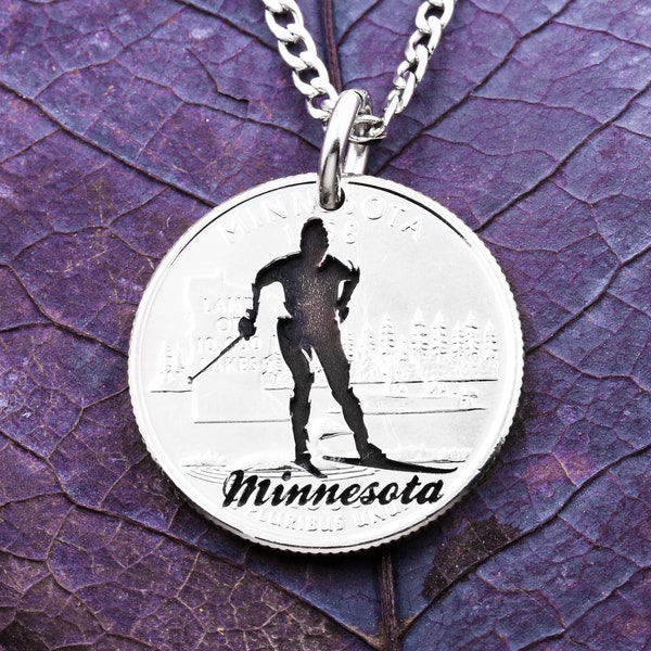 Skier Engraved on a Minnesota State Coin, Cross-Country Skis, Sports Jewelry, Ski Gift, Athlete, Engraved on State Side Coin