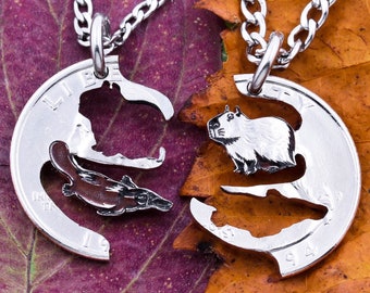 Puede incluir: Dos collares de plata con colgantes a juego. Un colgante es una moneda de plata con un recorte de un ornitorrinco, el otro es una moneda de plata con un recorte de un capibara. Los collares están sobre un fondo de hojas de otoño.