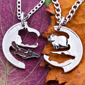 Hand Cut Coin Necklace Set: Platypus and Capybara BFF Jewelry