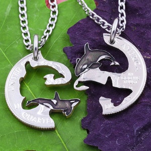 Engraved Orca Whale Necklaces, Interlocking Animal Jewelry, Beautiful Whales, BFF or Couples Gifts, Ocean Beach, Sea Life, Hand Cut Coin