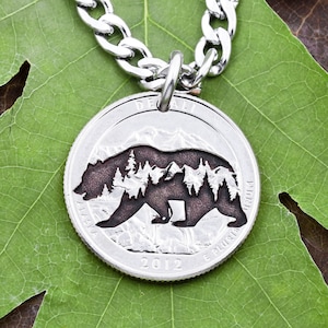 Engraved Mountain Scene Inside Bear Silhouette Necklace, Forest Hiking Jewelry, Engraved on a Real U.S. Coin